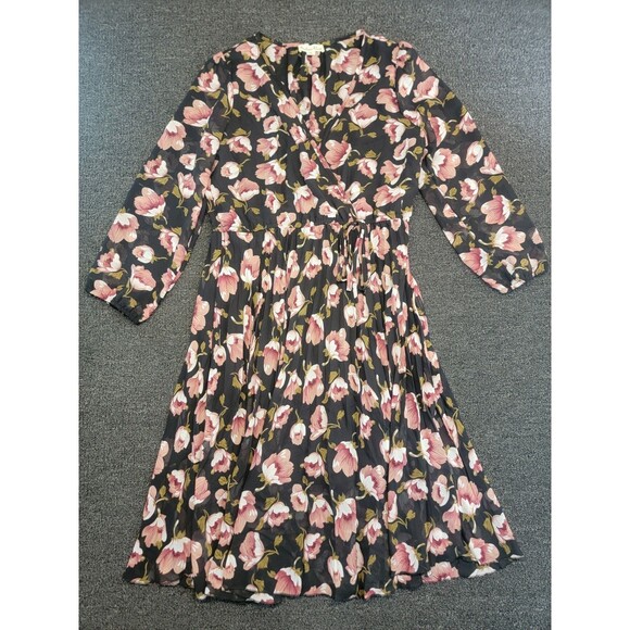 Indigo Rose Size PL Pink Floral Print Long Sleeve Lined Midi Dress Elastic Waist - Picture 3 of 15